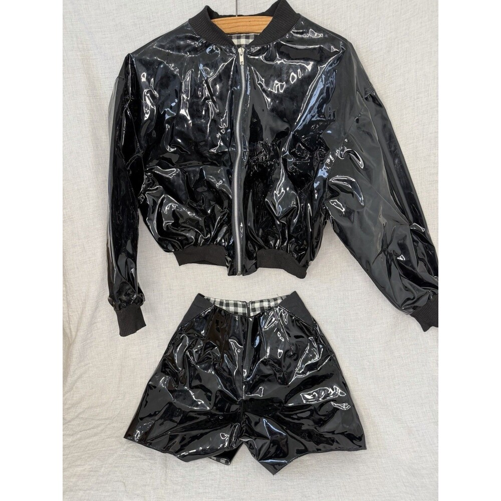 Black Patent Vinyl Jacket And Shorts Size Small Cotton Flannel Checked Y2K 90s